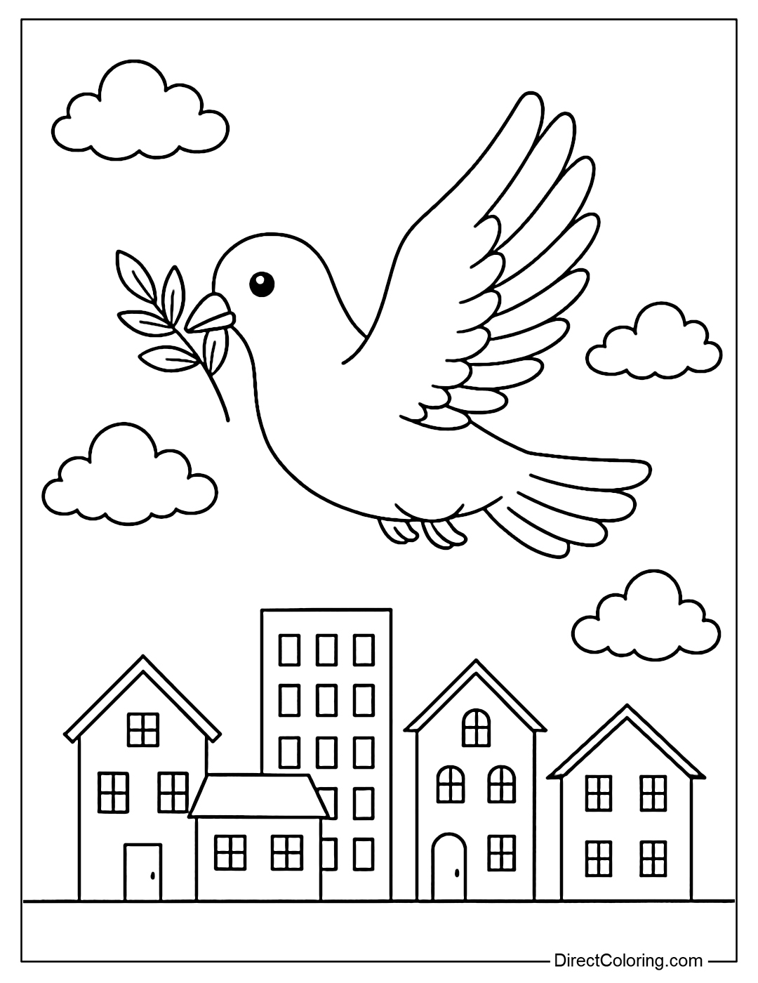 Coloring page of a dove flying over a peaceful city, carrying an olive branch.